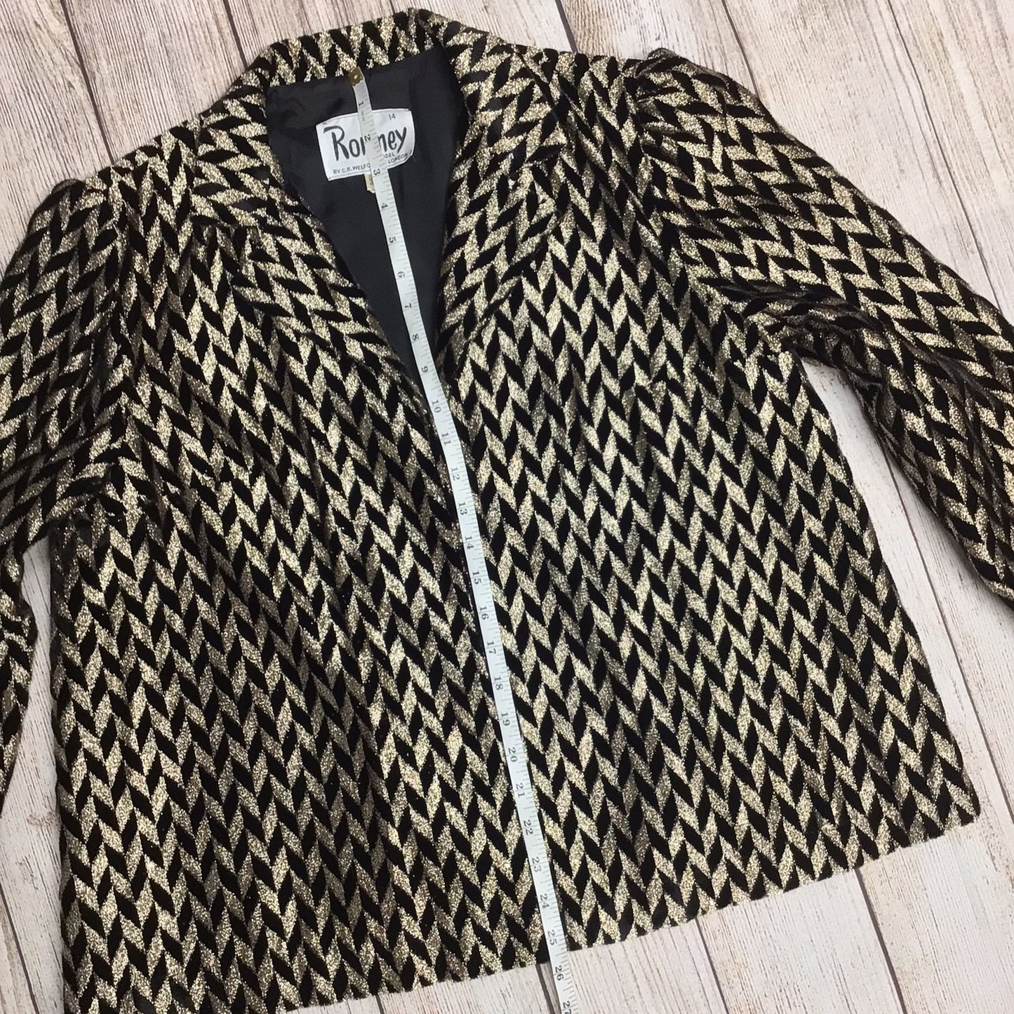 Vintage Romney Gold & Black Metallic Chevron Pattern Blazer Jacket Size 14