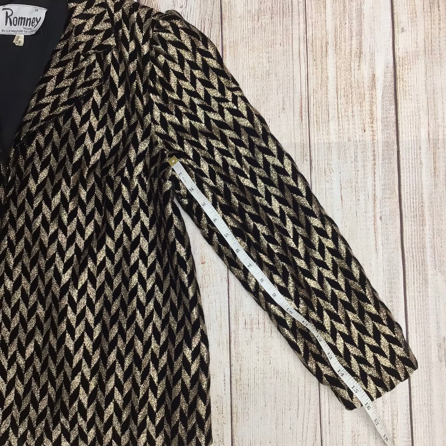 Vintage Romney Gold & Black Metallic Chevron Pattern Blazer Jacket Size 14