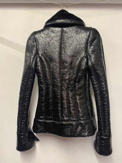Alexander McQueen 2015 RW Black Patent Jacket with Faux Fur Collar Extra Small