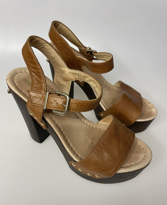 Russell & Bromley Tan Leather Platform Heeled Sandals UK 4