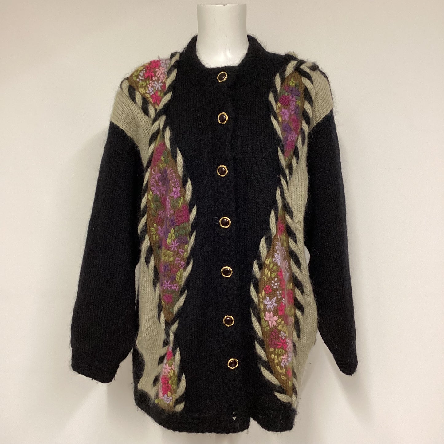 Abel Black Mohair Cardigan With Embroidered Flowers One Size