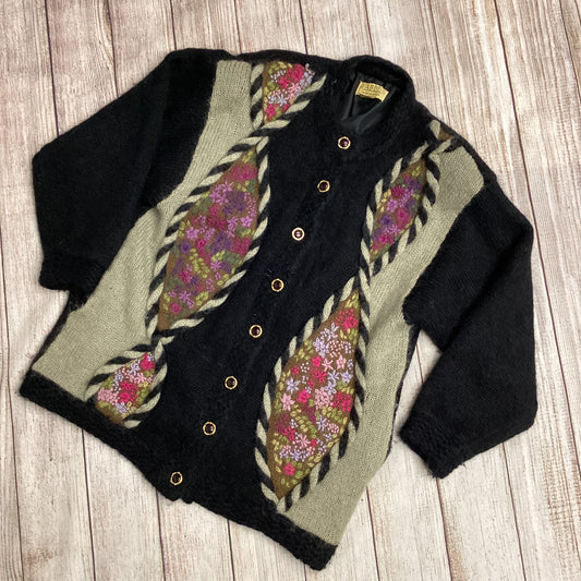 Abel Black Mohair Cardigan With Embroidered Flowers One Size