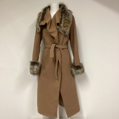 Boohoo Brown Faux Fur Trim Tie Waist Coat One Size