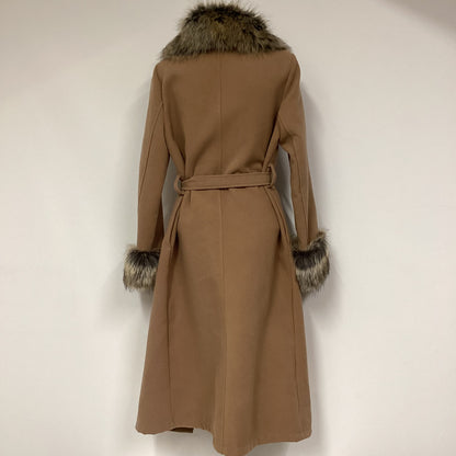 Boohoo Brown Faux Fur Trim Tie Waist Coat One Size