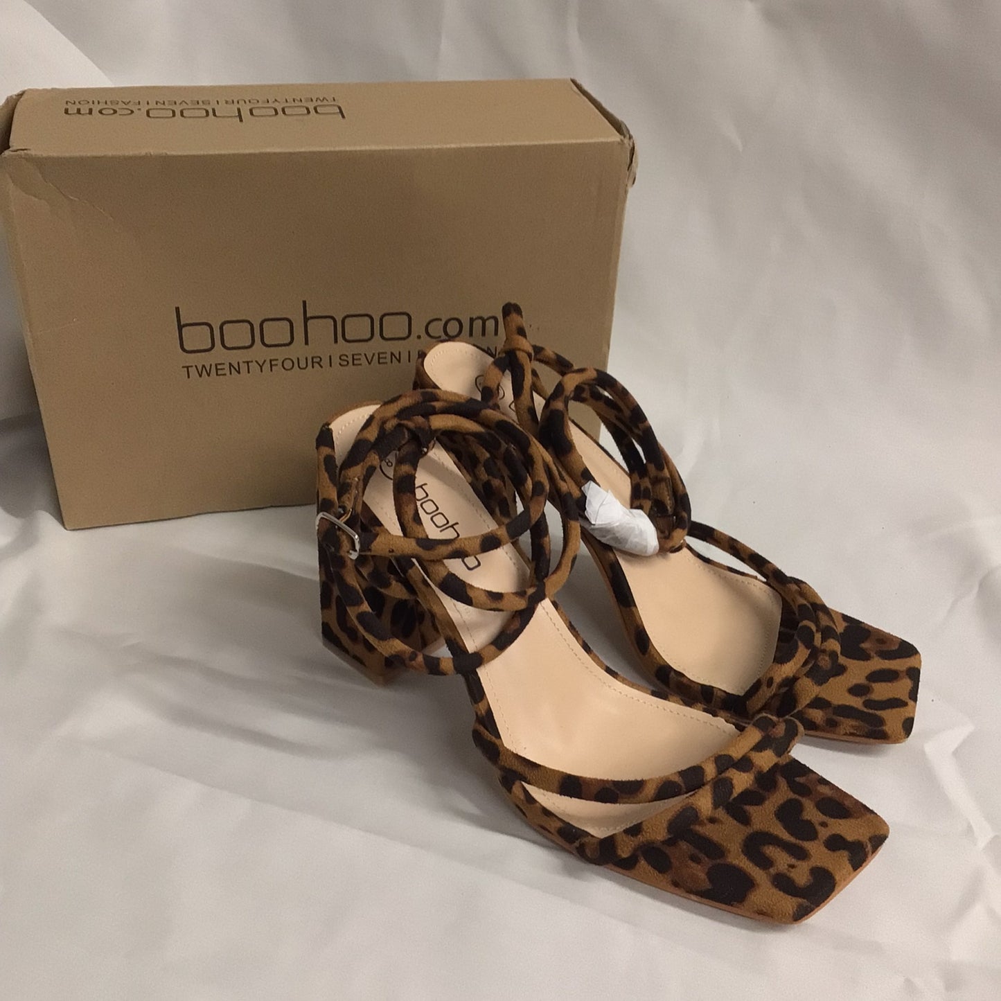 BNIB Boohoo Brown Leopard Print Block Heel Strappy Heels Size 8 UK Wide Fit (EU 41)