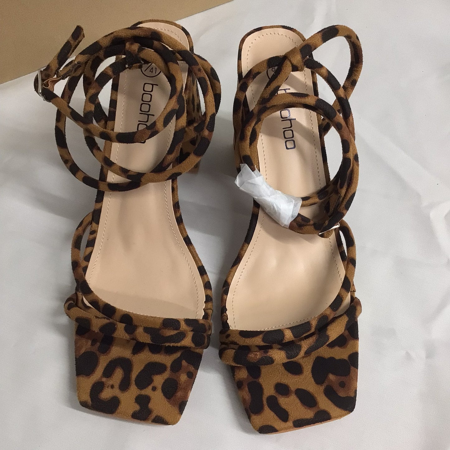 BNIB Boohoo Brown Leopard Print Block Heel Strappy Heels Size 8 UK Wide Fit (EU 41)