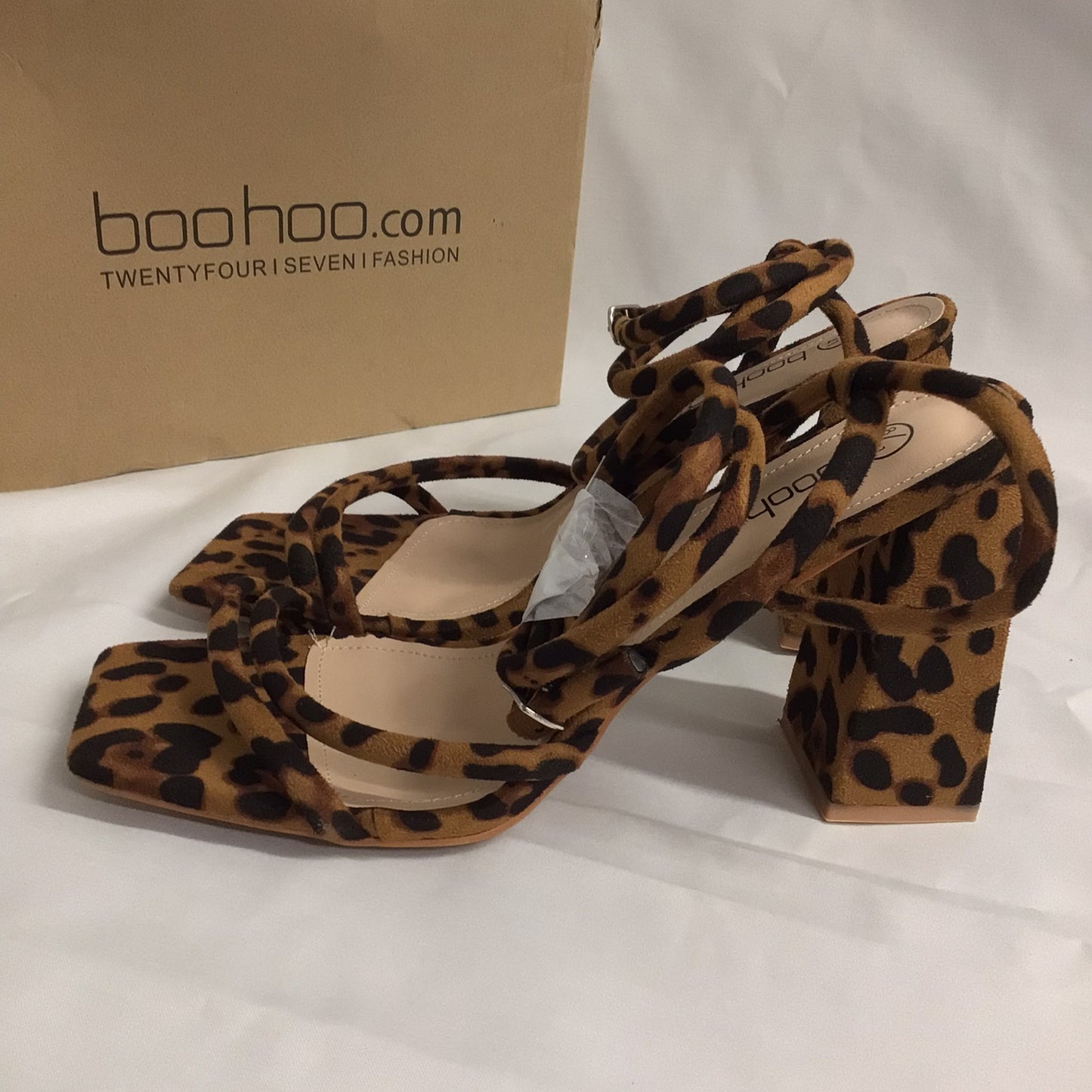 BNIB Boohoo Brown Leopard Print Block Heel Strappy Heels Size 8 UK Wide Fit (EU 41)