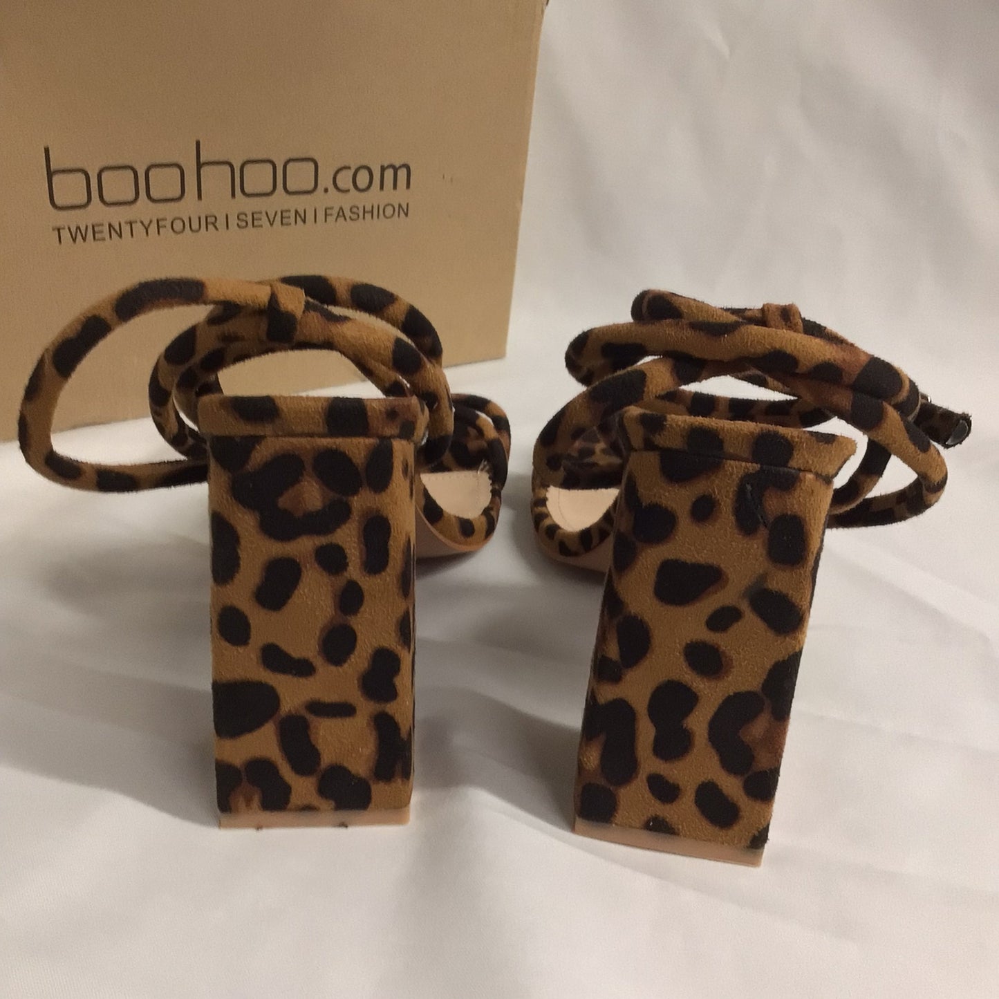 BNIB Boohoo Brown Leopard Print Block Heel Strappy Heels Size 8 UK Wide Fit (EU 41)