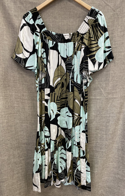 Mos Mosh Satin Black Green Leaf Pattern Short Sleeve Dress Small New with Tags