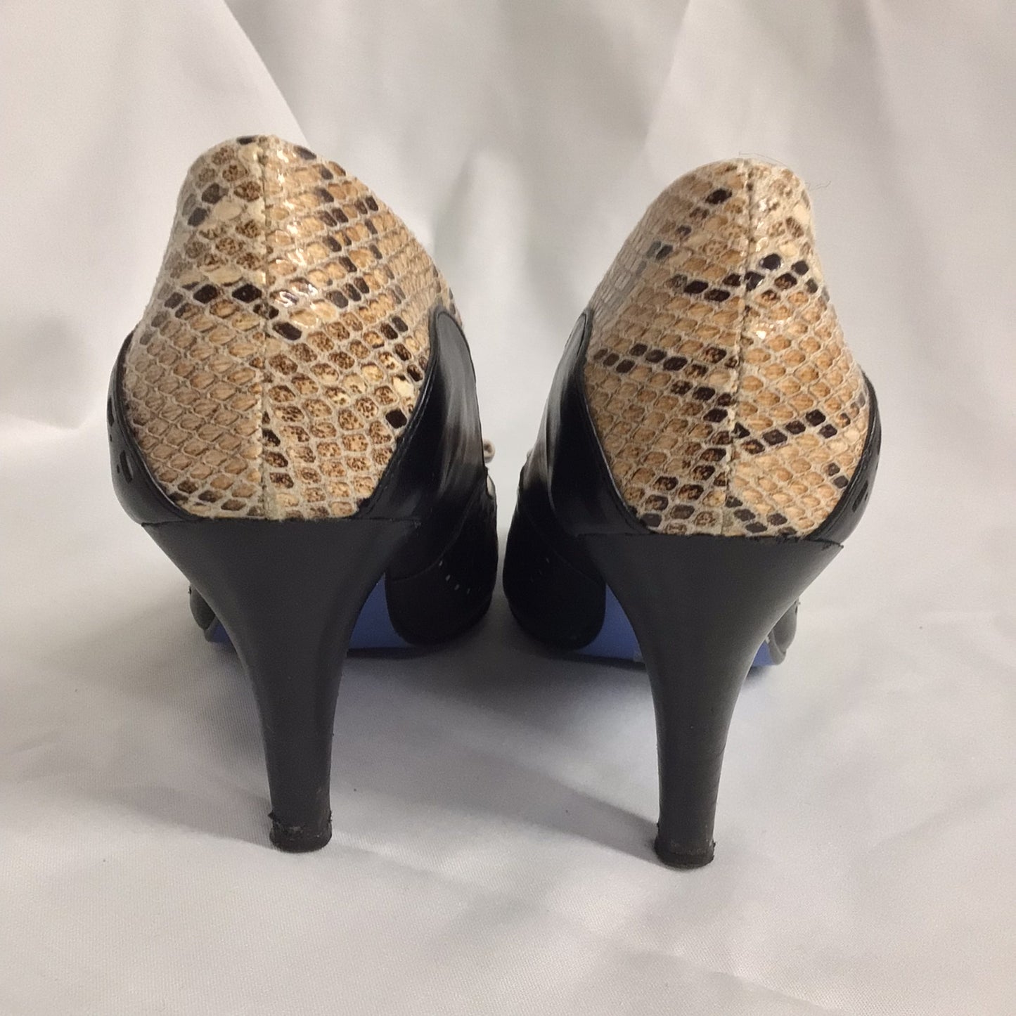 Poetic Licence Black Taupe Peep Toe Heels w/Faux Snake Print Size UK 5.5 (EU 38)