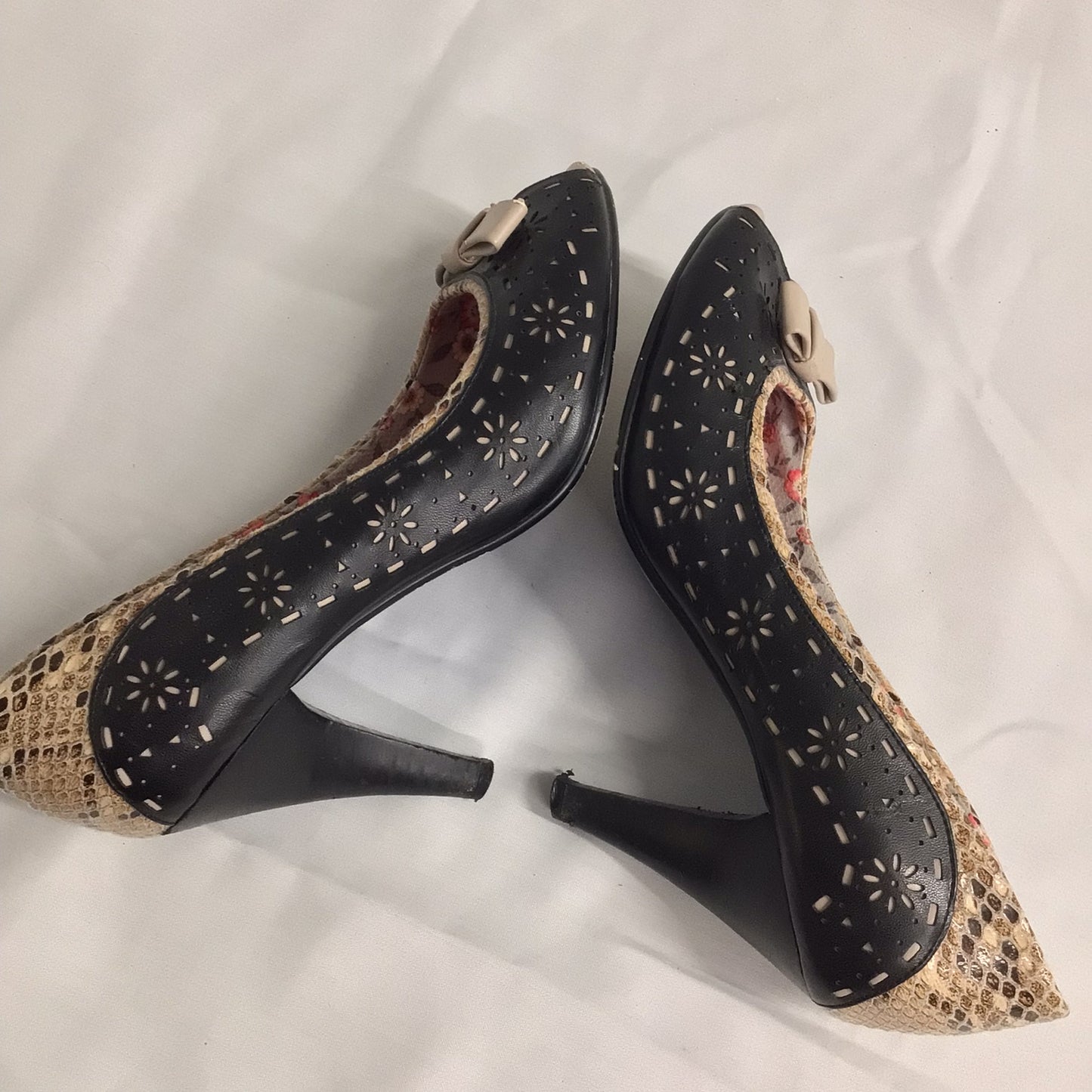 Poetic Licence Black Taupe Peep Toe Heels w/Faux Snake Print Size UK 5.5 (EU 38)