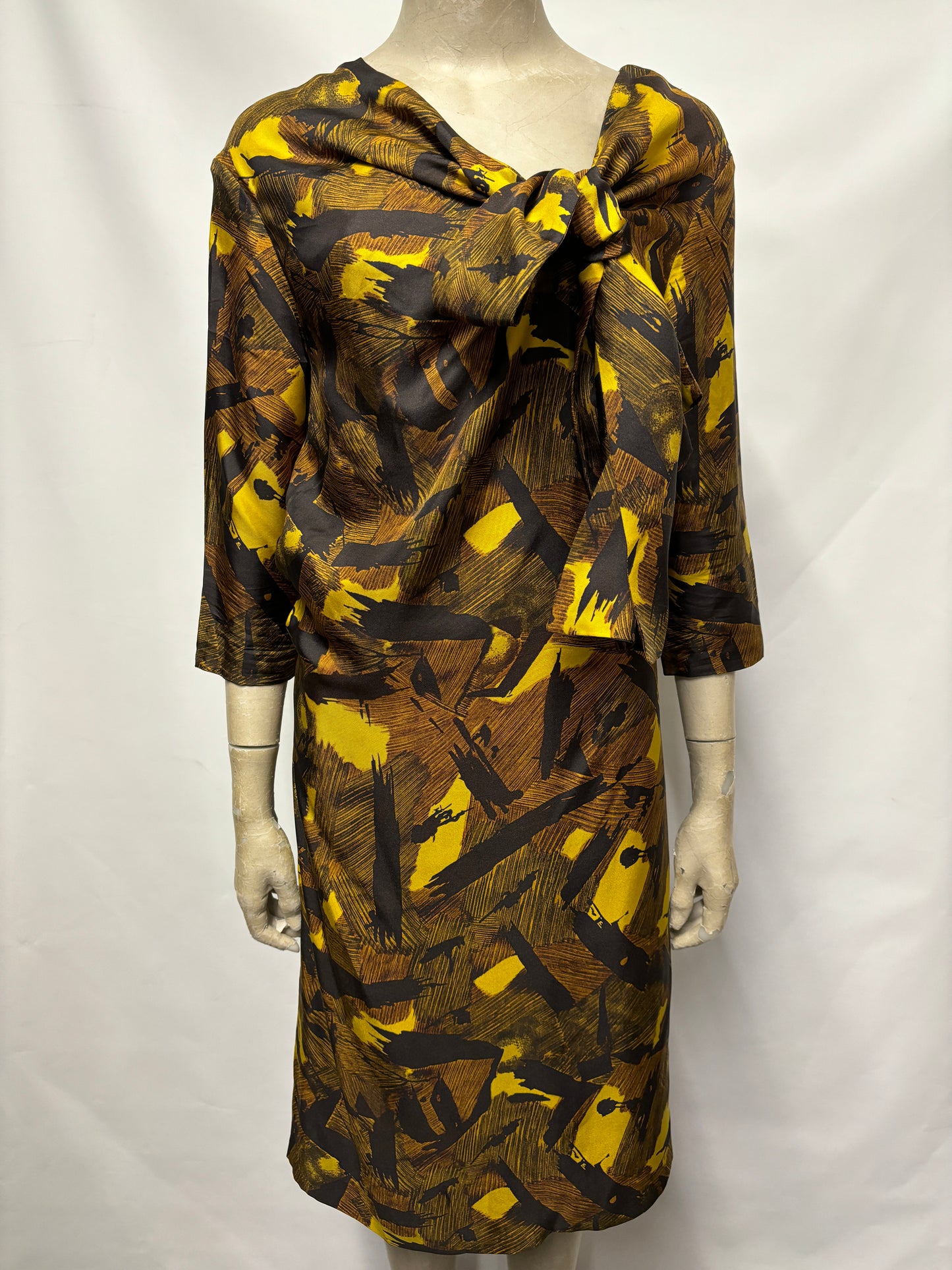 Dries Van Noten Silk Mustard and Black Brush Stroke Midi Dress 10