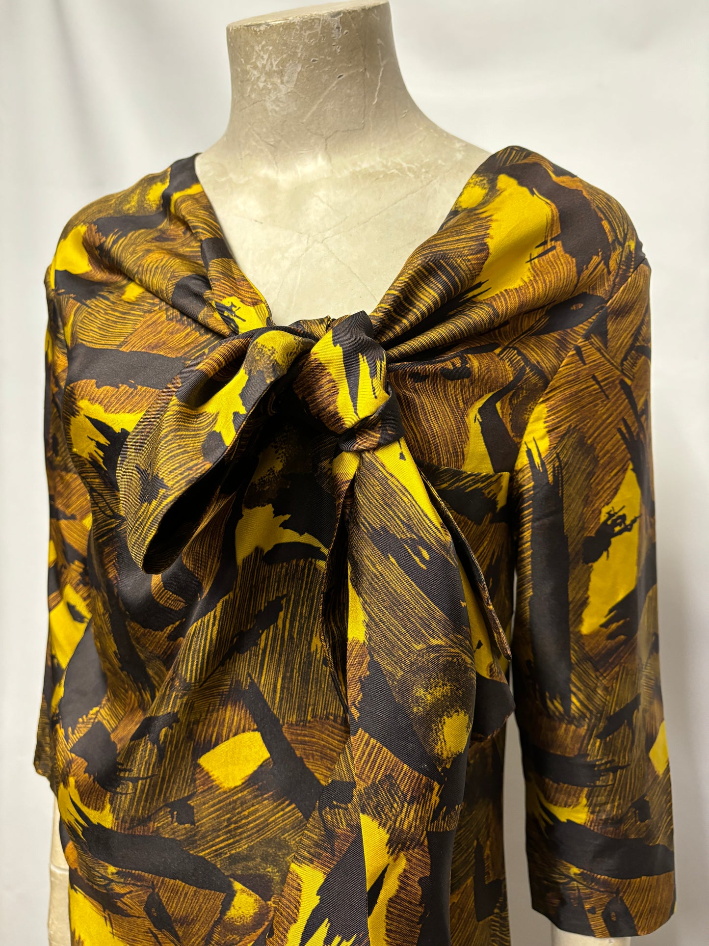 Dries Van Noten Silk Mustard and Black Brush Stroke Midi Dress 10