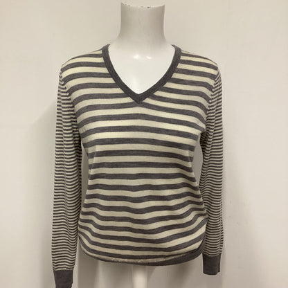 Uniqlo Grey Stripe Pure New Wool V Neck Jumper Size M