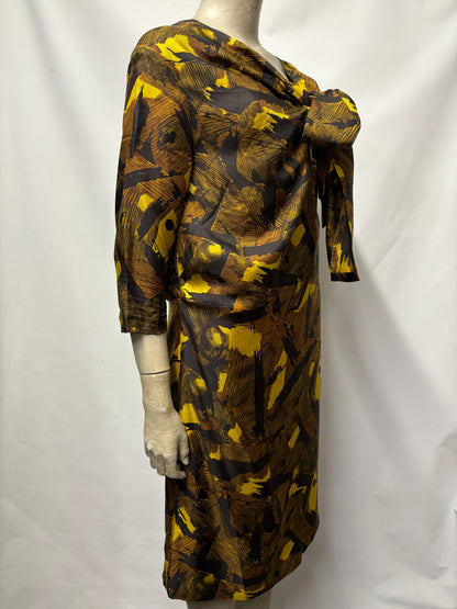 Dries Van Noten Silk Mustard and Black Brush Stroke Midi Dress 10