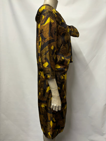 Dries Van Noten Silk Mustard and Black Brush Stroke Midi Dress 10