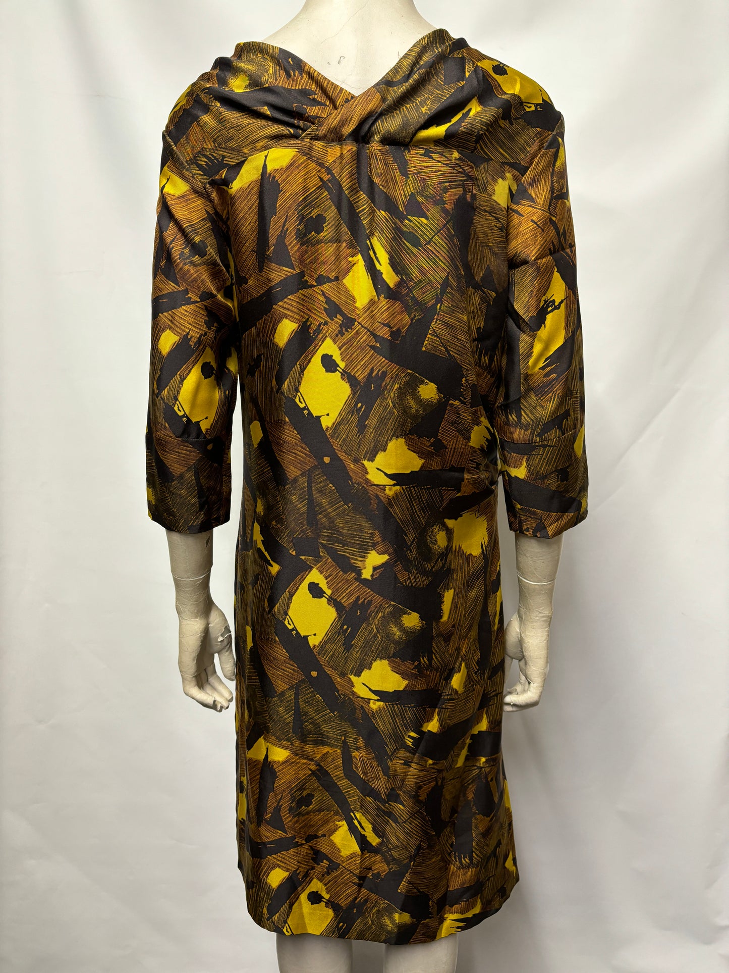 Dries Van Noten Silk Mustard and Black Brush Stroke Midi Dress 10