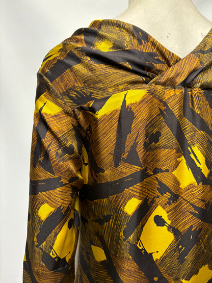 Dries Van Noten Silk Mustard and Black Brush Stroke Midi Dress 10