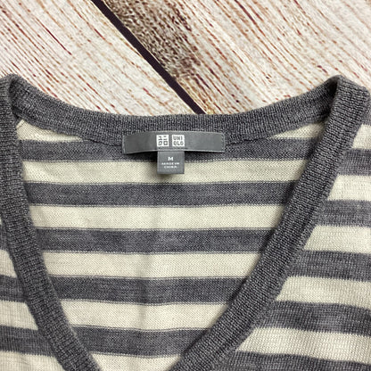 Uniqlo Grey Stripe Pure New Wool V Neck Jumper Size M