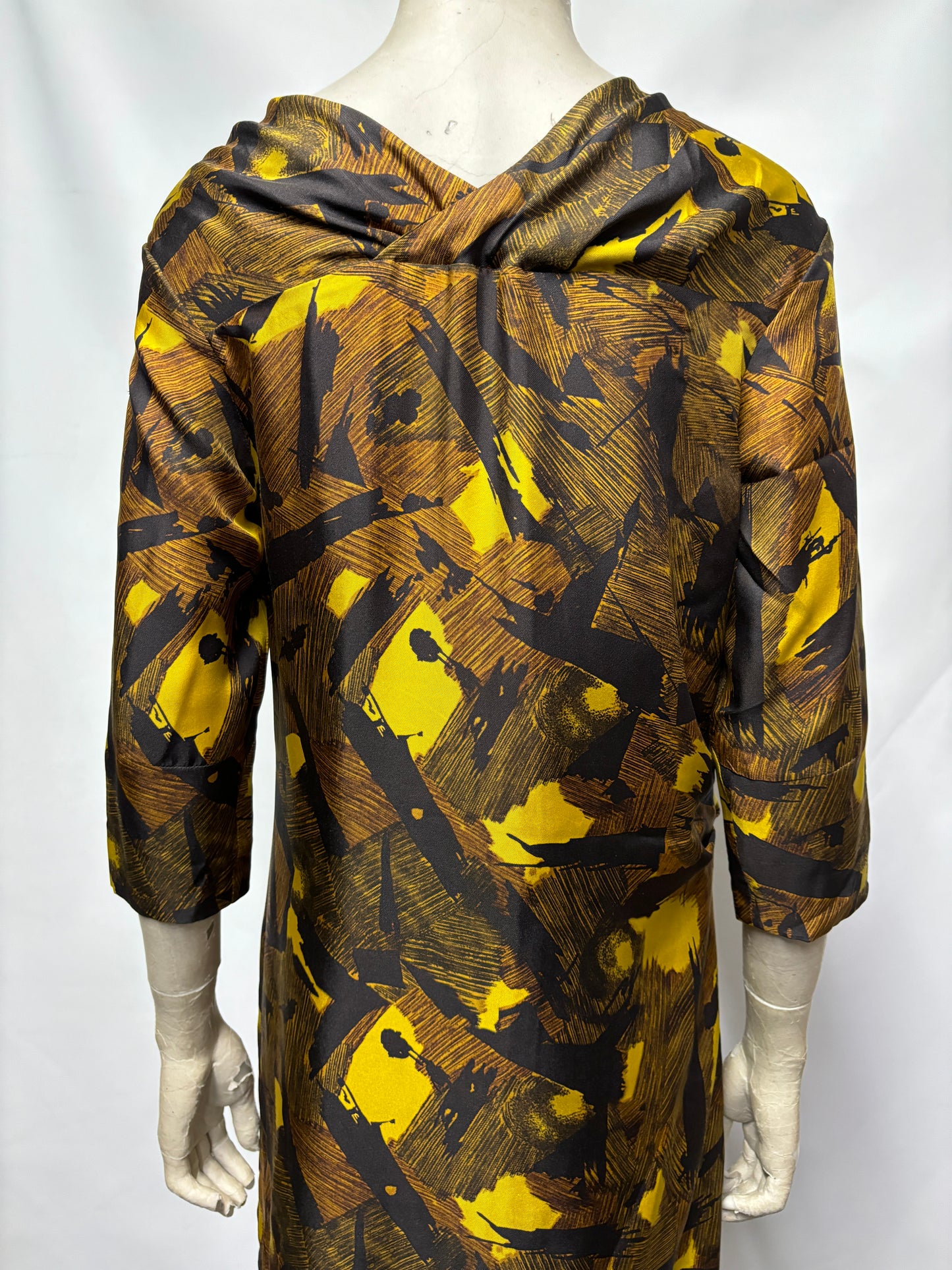 Dries Van Noten Silk Mustard and Black Brush Stroke Midi Dress 10