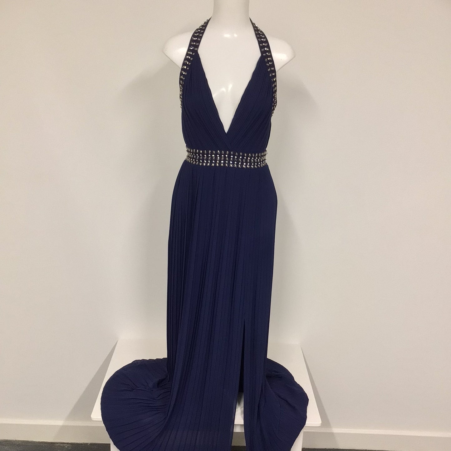 TFNC Midnight Blue Halter Neck Long Dress w/Beaded Detailing Size XS