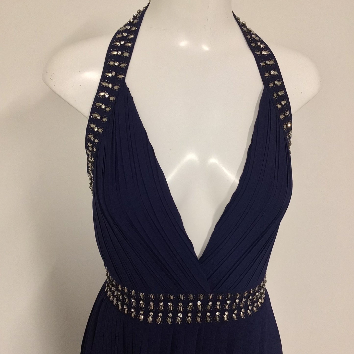 TFNC Midnight Blue Halter Neck Long Dress w/Beaded Detailing Size XS