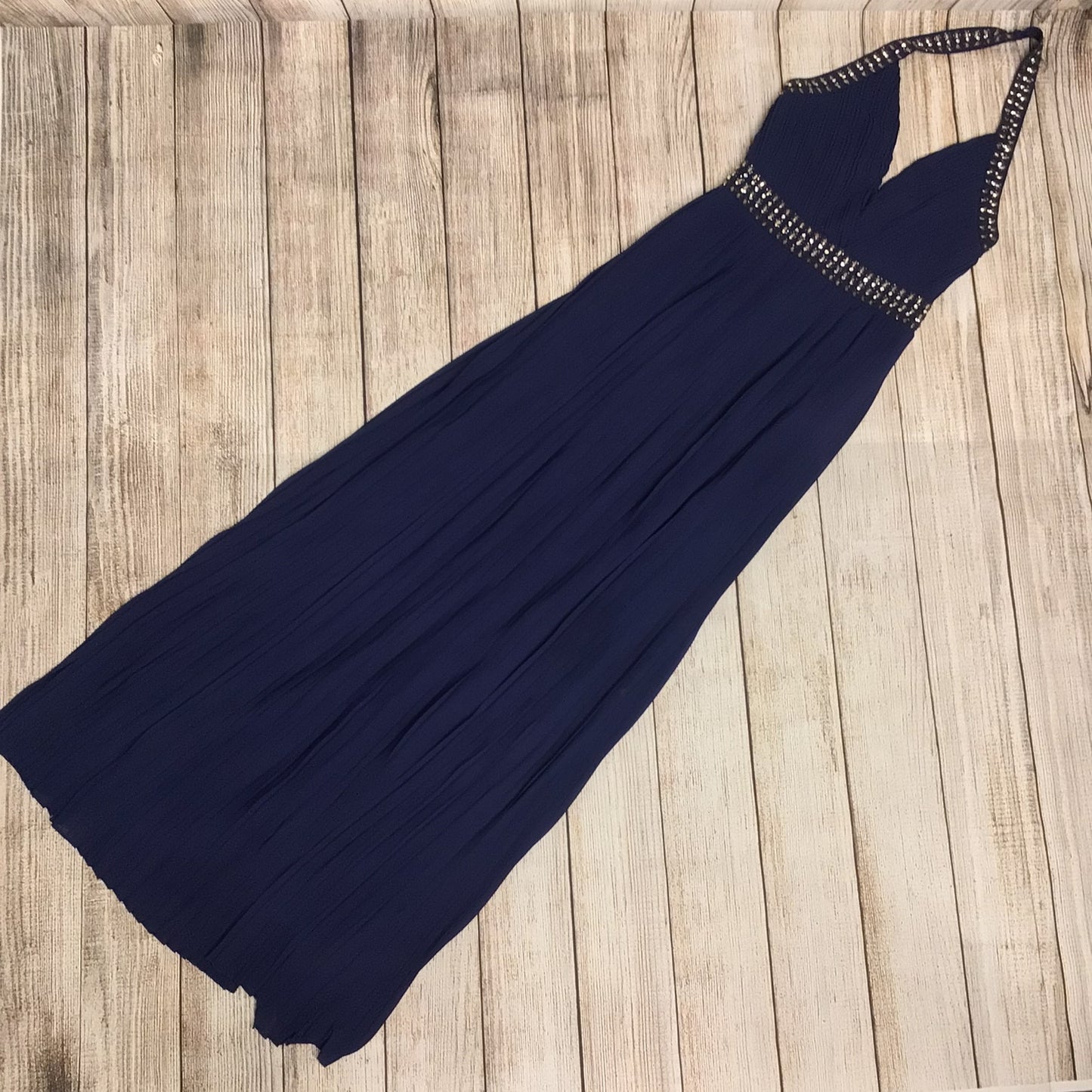 TFNC Midnight Blue Halter Neck Long Dress w/Beaded Detailing Size XS