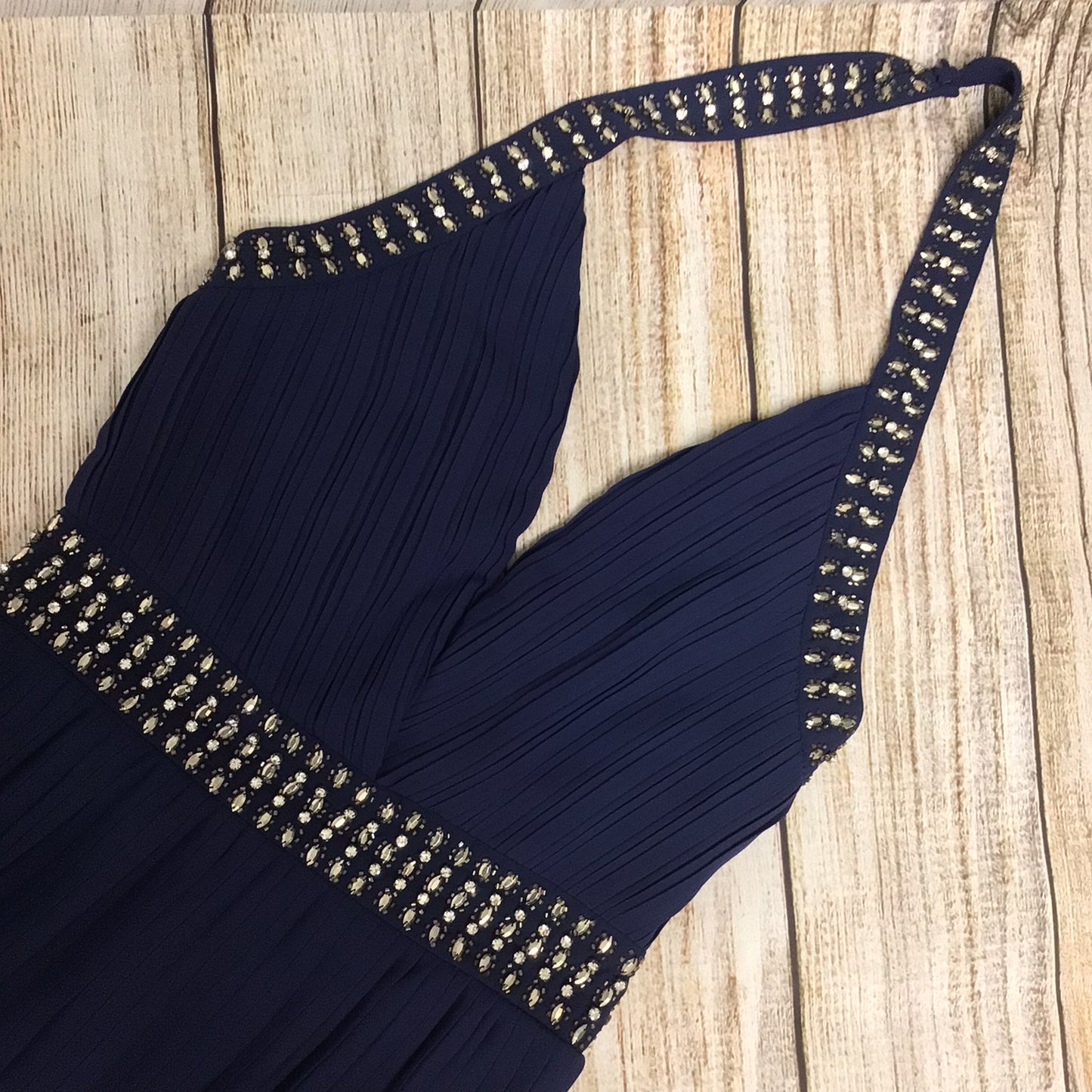 TFNC Midnight Blue Halter Neck Long Dress w/Beaded Detailing Size XS