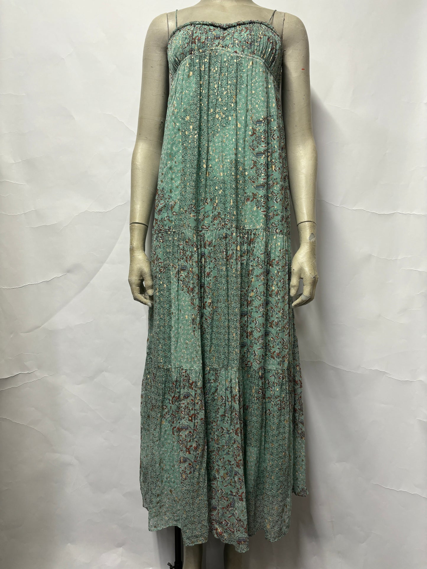 Ba&sh Green and Gold Watercolour Spaghetti Strap Tiered Dress 8 BNWT