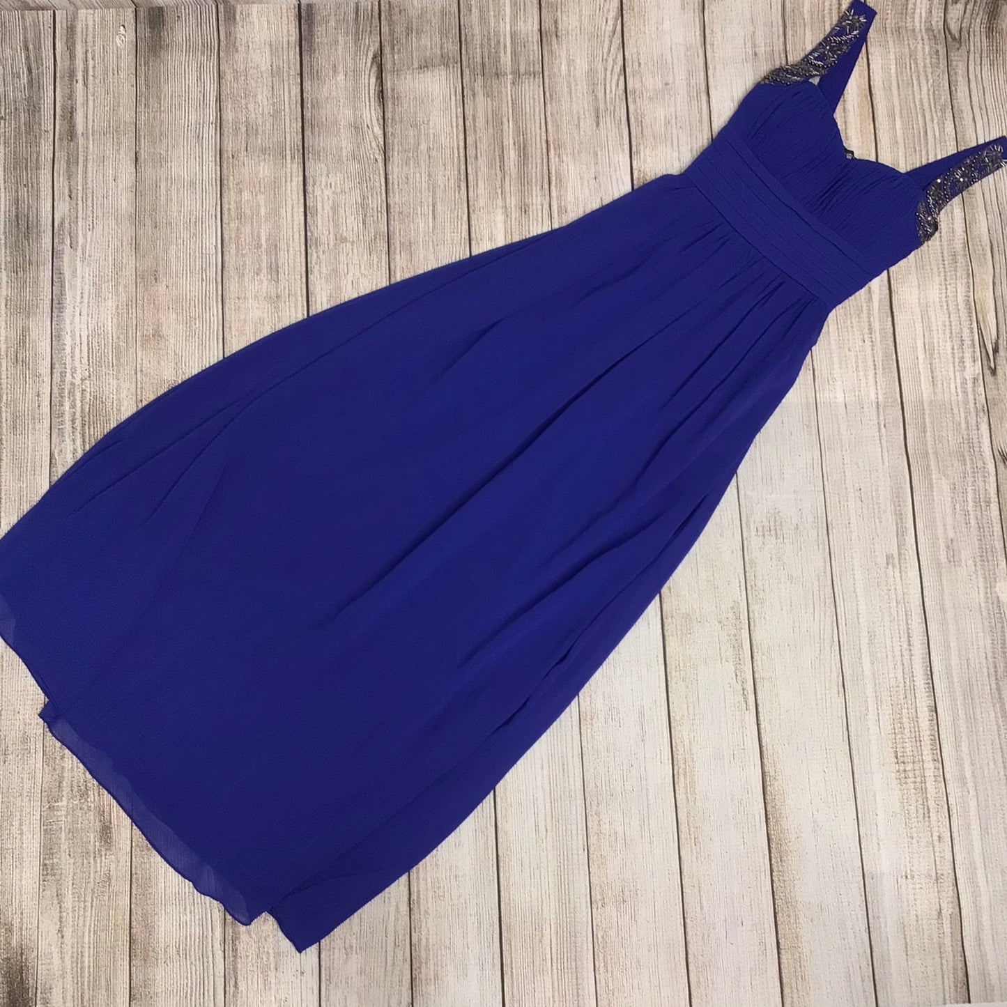 Little Mistress Royal Blue Long Dress w/Beaded Shoulder Detailing Size 8
