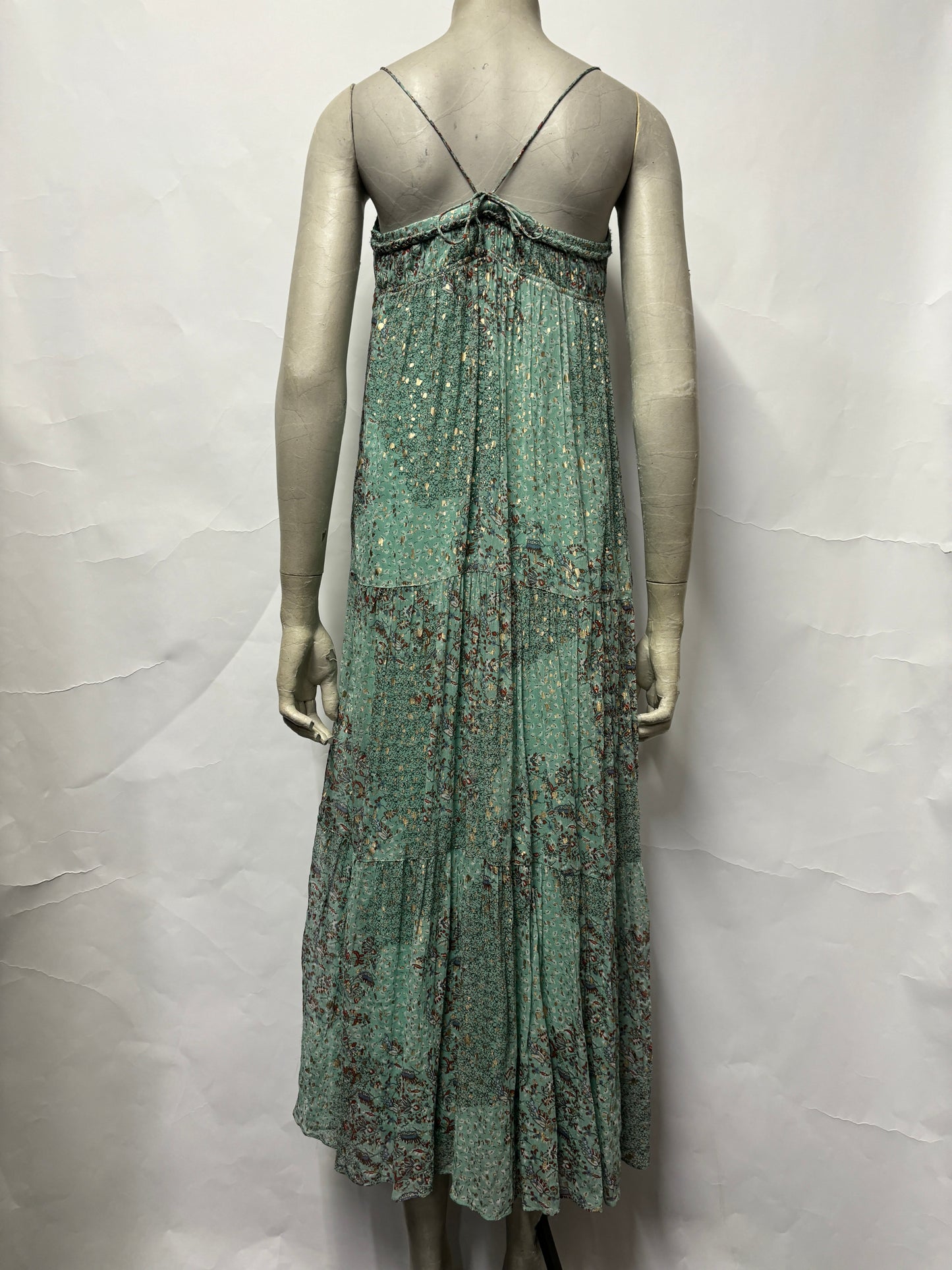 Ba&sh Green and Gold Watercolour Spaghetti Strap Tiered Dress 8 BNWT