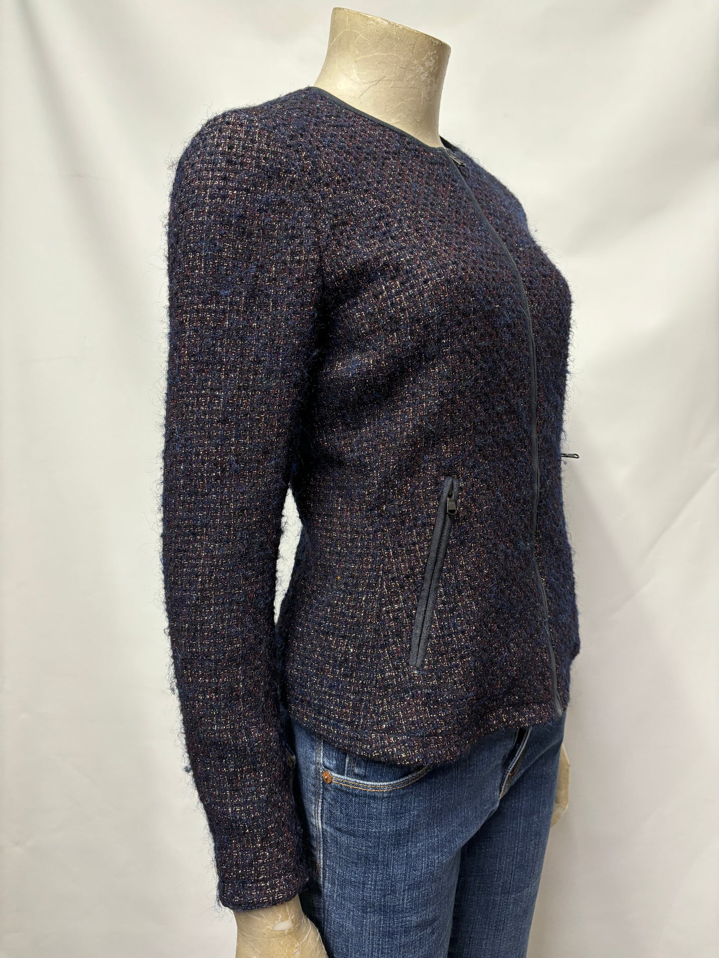 Jigsaw Navy Woven Alpaca Mohair Wool Blend Collarless Jacket 8