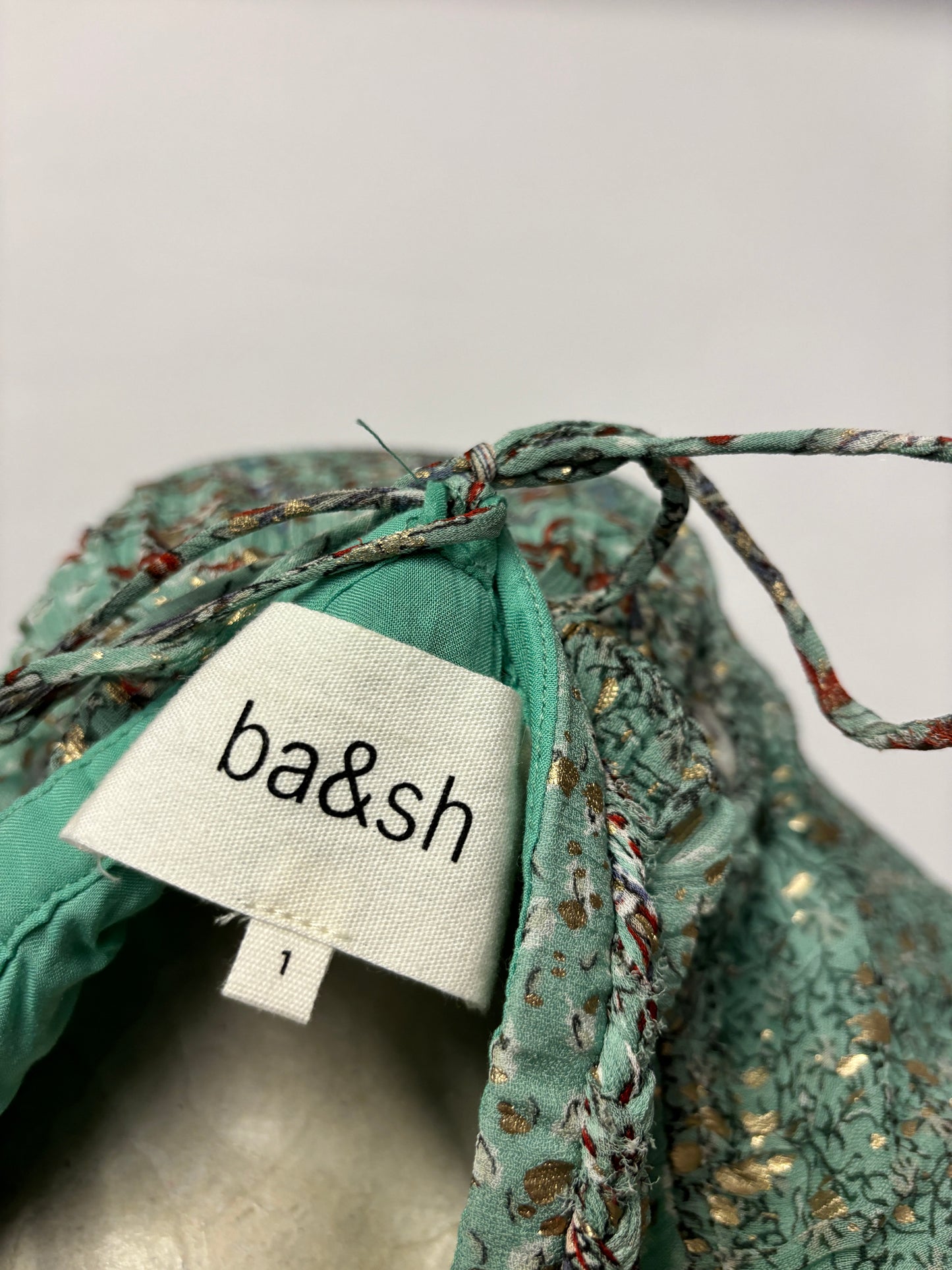 Ba&sh Green and Gold Watercolour Spaghetti Strap Tiered Dress 8 BNWT