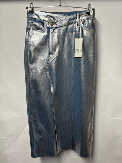 Zara Blue Silver Metallic Painted Denim Jean Skirt Small BNWT