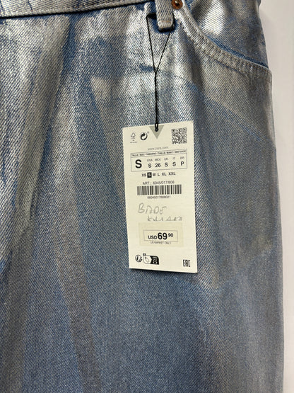 Zara Blue Silver Metallic Painted Denim Jean Skirt Small BNWT