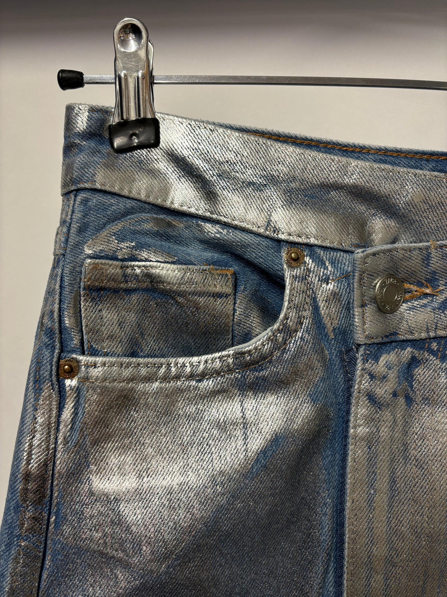 Zara Blue Silver Metallic Painted Denim Jean Skirt Small BNWT