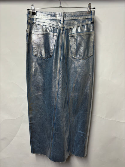 Zara Blue Silver Metallic Painted Denim Jean Skirt Small BNWT