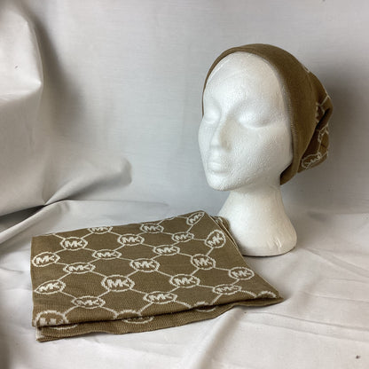 Michael Kors Camel Brown Logo Print Hat And Scarf Set