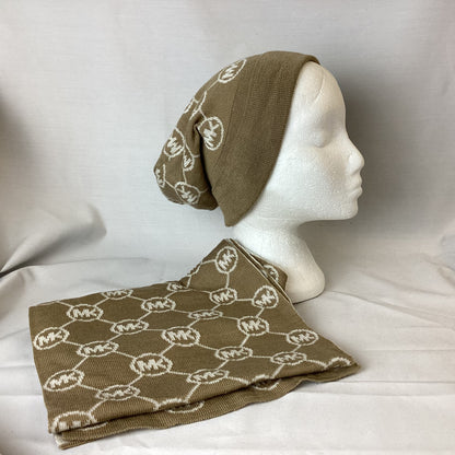 Michael Kors Camel Brown Logo Print Hat And Scarf Set