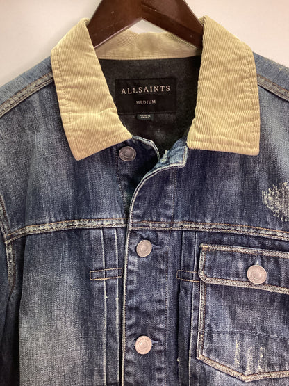 AllSaints Flannel Lined Distressed Blue Denim Jacket Size M