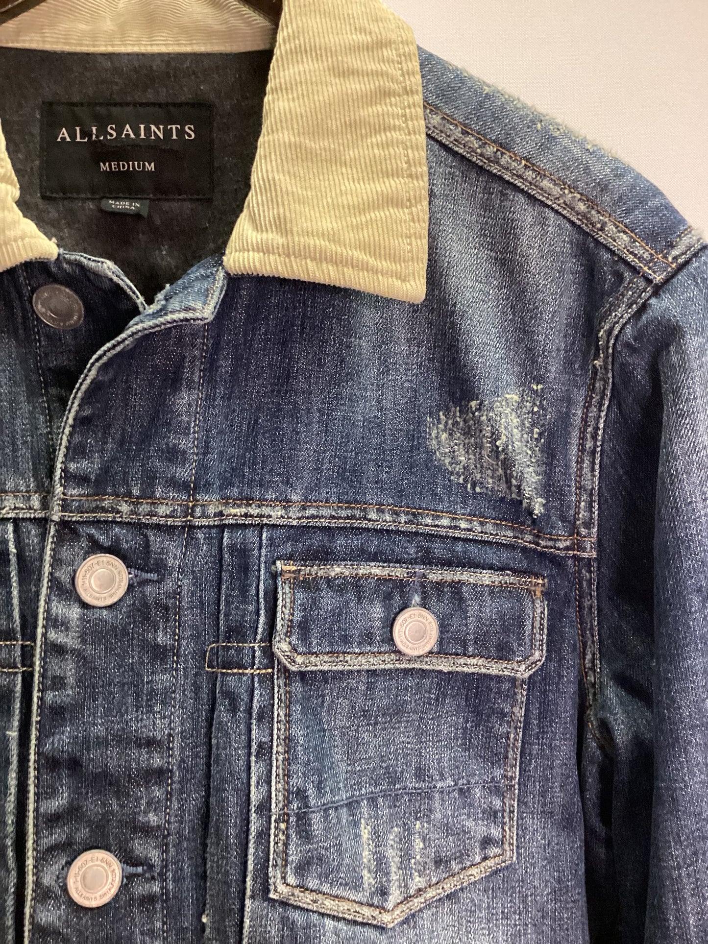 AllSaints Flannel Lined Distressed Blue Denim Jacket Size M