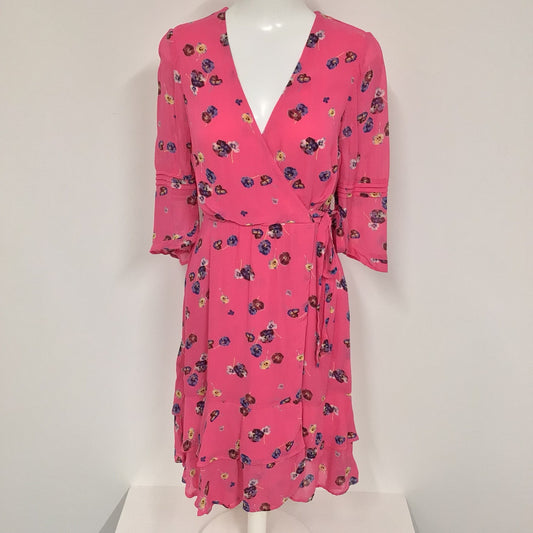 Monsoon Bright Pink Floral Wrap Style Dress Size 10
