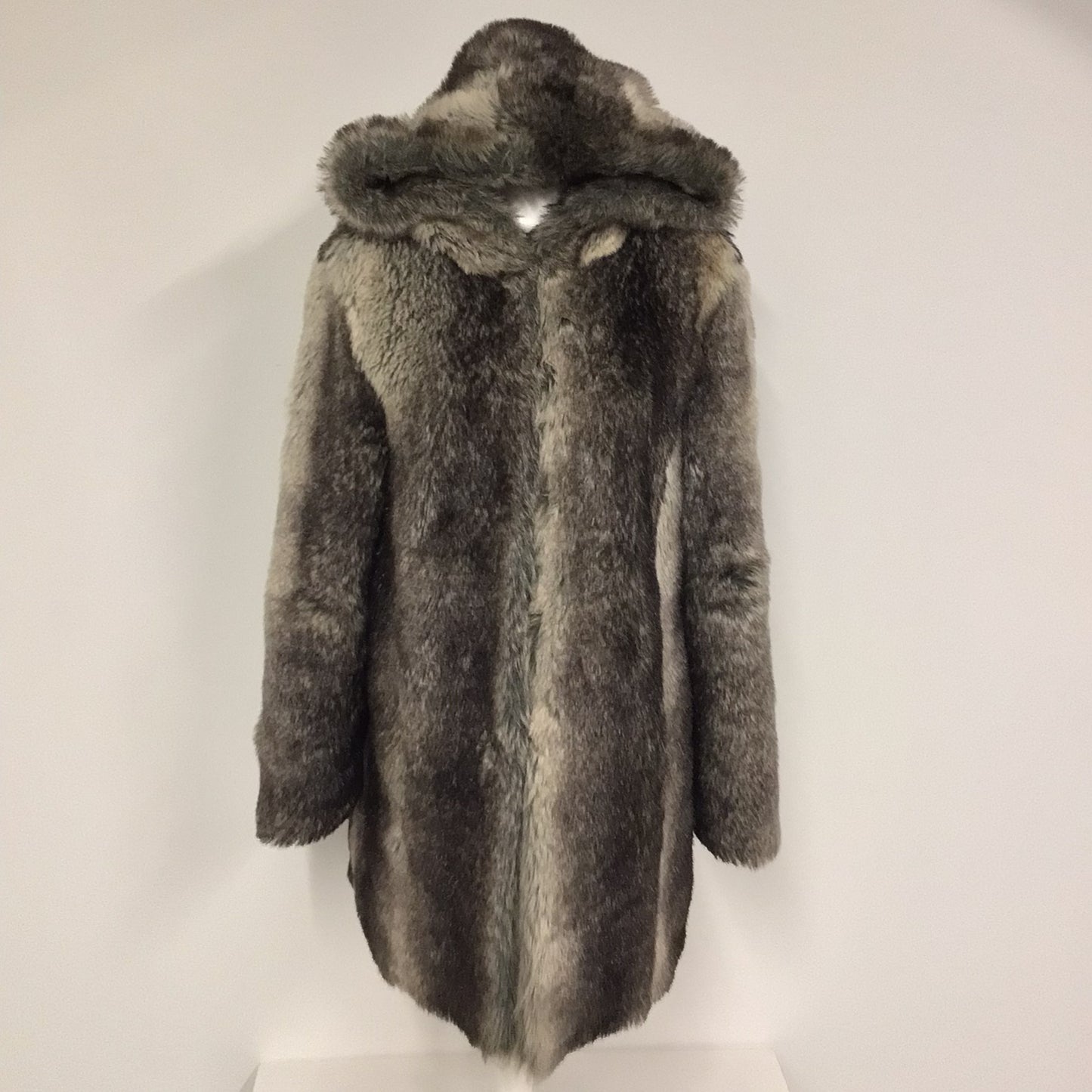 River Island Dark Brown & Cream Faux Fur Hooded Coat Size 12