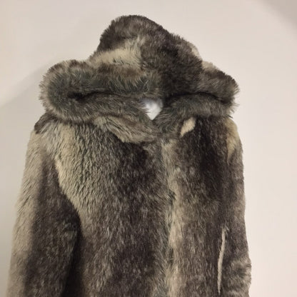 River Island Dark Brown & Cream Faux Fur Hooded Coat Size 12