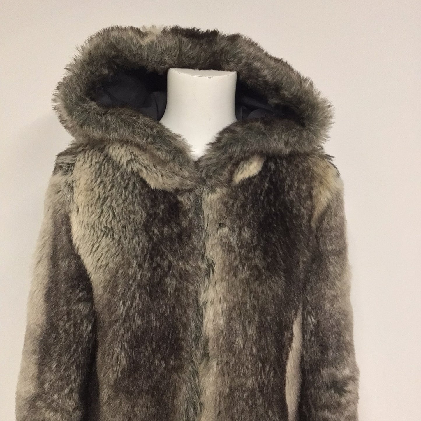 River Island Dark Brown & Cream Faux Fur Hooded Coat Size 12