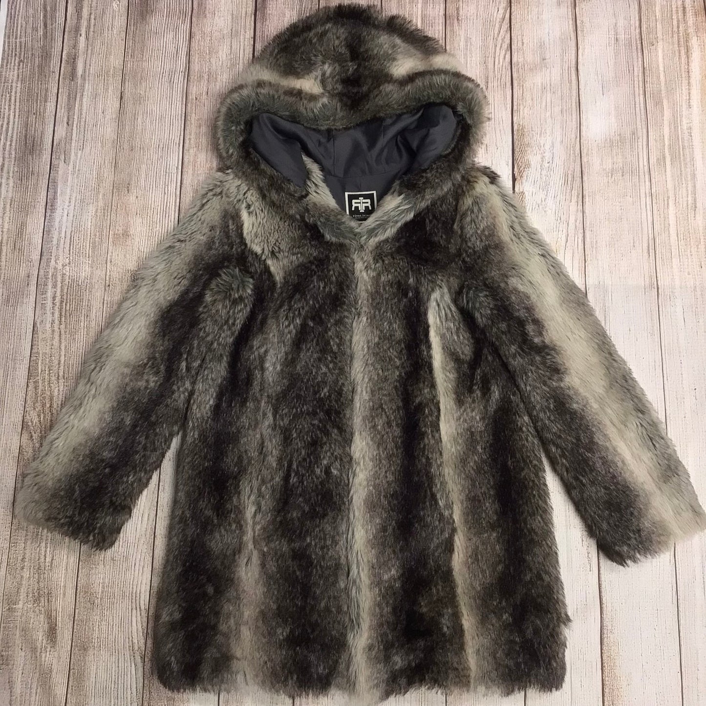 River Island Dark Brown & Cream Faux Fur Hooded Coat Size 12