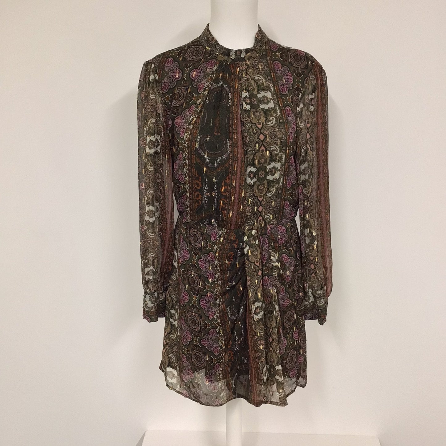 BNWT Zara Brown Multi Print Sheer Long Sleeved Dress Size L