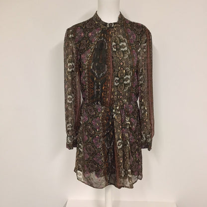 BNWT Zara Brown Multi Print Sheer Long Sleeved Dress RRP 45.99 Size L