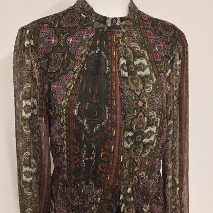 BNWT Zara Brown Multi Print Sheer Long Sleeved Dress Size L