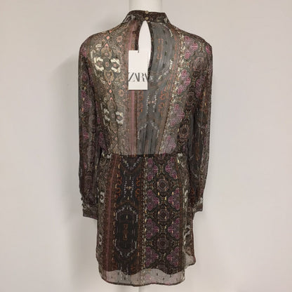 BNWT Zara Brown Multi Print Sheer Long Sleeved Dress RRP 45.99 Size L